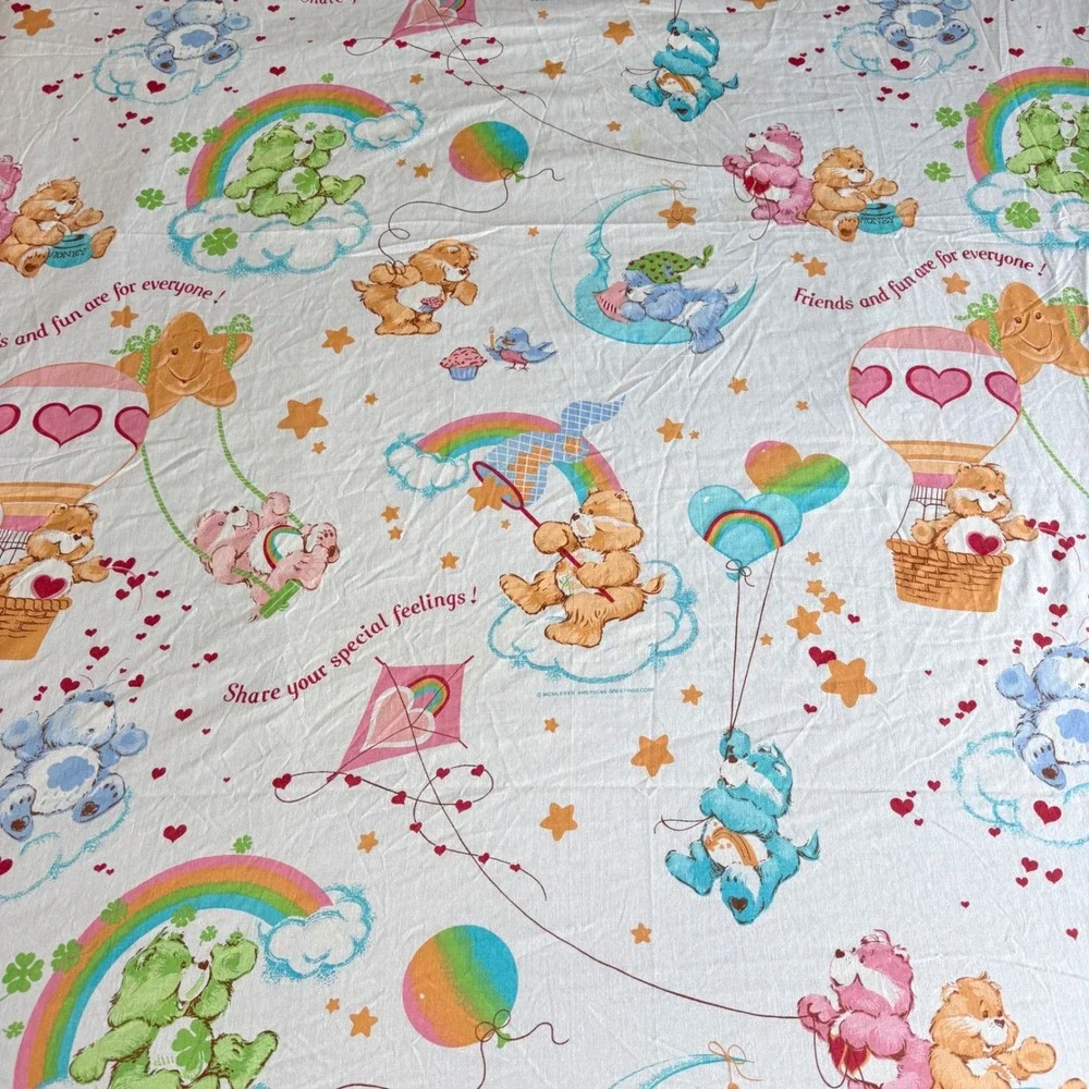 Care Bears Twin Flat Sheet Kids White Clouds Rainbow Hearts Balloons 80s